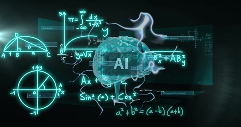 AI text over brain and mathematical formulas, scientific data processing image. Artificial intelligence, technology, machine learning, neural networks, algorithms, calculations