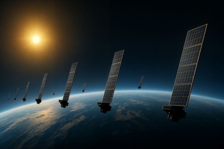 shutterstock_2606925315-1775140323 Illustration concept of a fleet of Internet Starlink satellites in orbit above planet Earth. A line of communication satellites with the sun in the horizon.