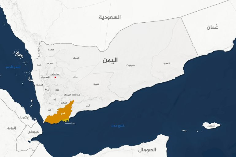 خريطة محافظات اليمن - محافظات لحج وعدن بلون مختلف
