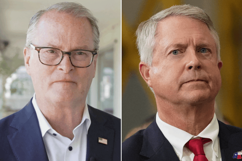 0-897-1792688978 كومبو من اليمين: ولاية كانساس (Kansas) روجر مارشال: Roger Marshall آدم هاملتون: Adam Hamilton Sen. Roger Marshall, R-Kan., listens as Vice President JD Vance speaks during an event at Webco Manufacturing, in Olathe, Kansas, U.S., September 14, 2026. Mark Schiefelbein/Pool via REUTERS ثم Democratic U.S. Senate candidate Adam Hamilton stands outside of Ward’s Garden Center & Cafe in Garden City, Kansas, US, October 9, 2026. REUTERS/Matt Mills McKnight