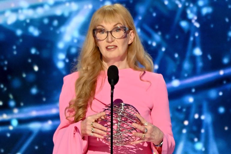 21-1791122770 SANTA MONICA, CALIFORNIA - APRIL 05: Lotte Bjerre Knudsen, 2025 Breakthrough Prize in Life Sciences winners, speak onstage during the 11th Breakthrough Prize Ceremony at Barker Hangar on April 05, 2025 in Santa Monica, California. (Photo by Lester Cohen/Getty Images for Breakthrough Prize)