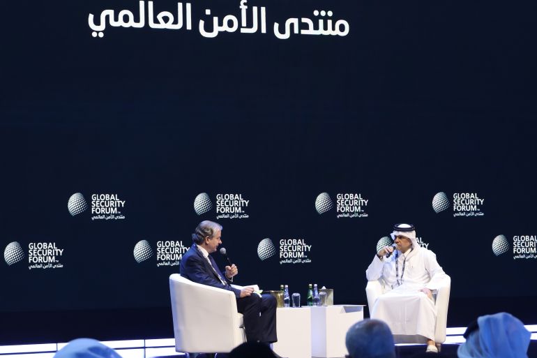 24as3d84a13d-1792410539 DOHA, QATAR - OCTOBER 19: Qatar's Deputy Prime Minister and Minister of State for Defence Affairs, Saud bin Abdulrahman Al Thani, speaks at the Global Security Forum in Doha, Qatar, on October 19, 2026. He discusses Qatar's defence capabilities, regional security and diplomatic initiatives. (Photo by Ali Altunkaya/Anadolu via Getty Images)
