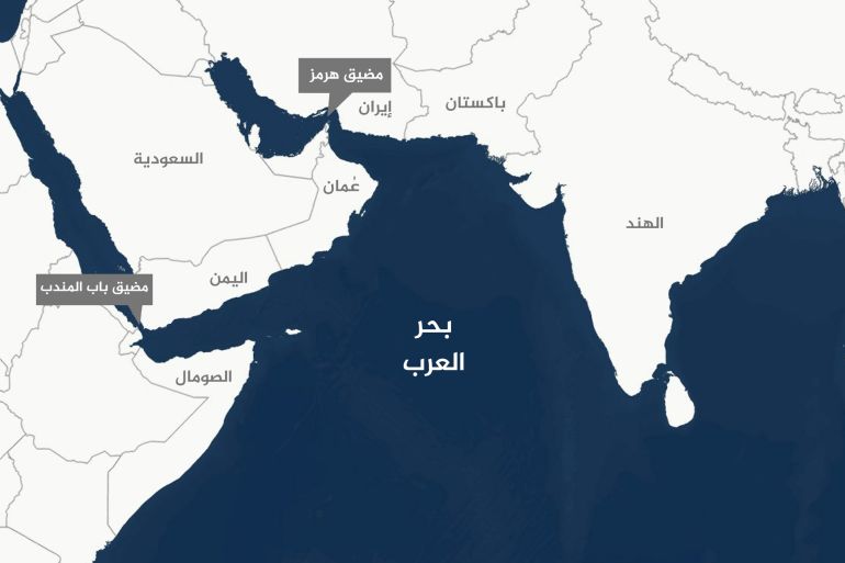 3232323-1766318290 خريطة توضح بحر العرب والدول المطلة عليه (الهند - باكستان - سلطنة عمان - الصومال- إيران) إضافة إلى توضيح خليج عدن ومضيق هرمز ومضيق باب المندب