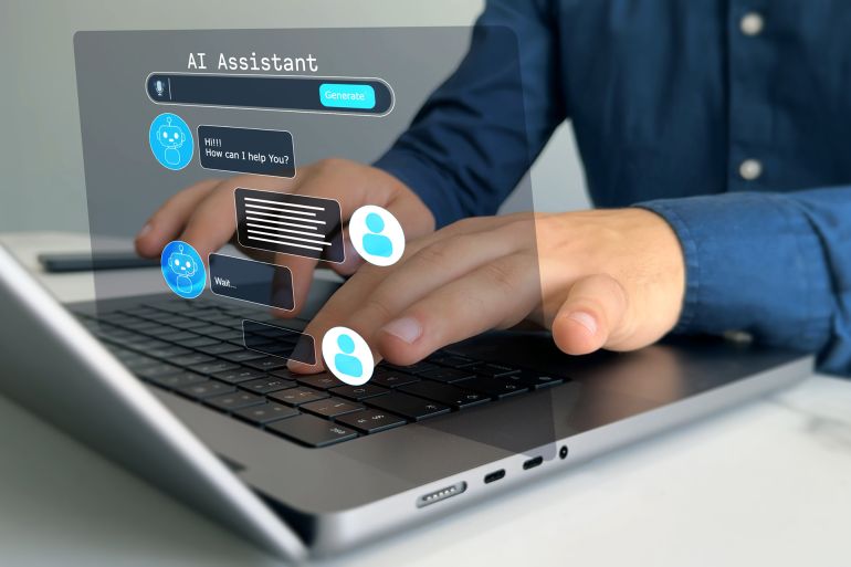 546546-1-1792930969 Online support Chatbot conversation. Virtual assistant, artificial intelligence Bot software automation technology. Customer person using chat service to get support