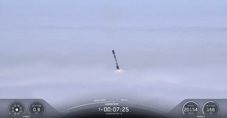 ***داخليه** The Falcon 9 first stage that launched the Transporter-18 mission pierces the clouds above California's Vandenberg Space Force Base during its return to Earth on Oct. 1, 2026. (Image credit: SpaceX)