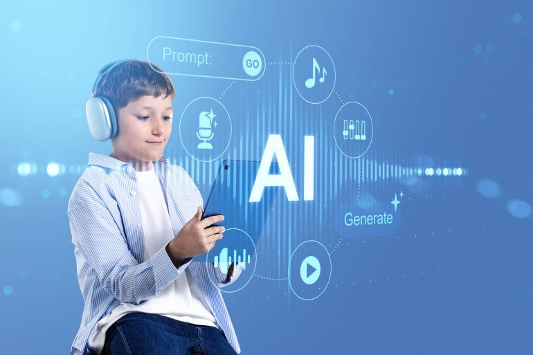 5ai-1791185104 Young boy with headphones using tablet, surrounded by AI hologram interface on blue background, concept of content generation and future technology adobe stock