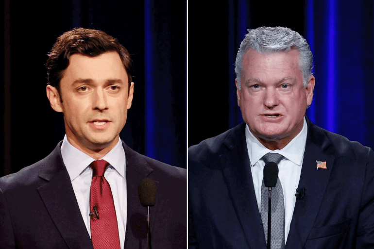 90-9-1792687857 كومبو من اليمين: ولاية جورجيا (Georgia) مايك كولينز: Mike Collins جون أوسوف: Jon Ossoff US Representative Mike Collins (R-GA), Georgia's Republican candidate for US Senate, speaks at the Loudermilk-Young Senate Debate Series at the Georgia Public Broadcasting studio in Atlanta, Georgia, US, October 13, 2026. Miguel Martinez/AJC/Pool via REUTERS ثم US Senator Jon Ossoff (D-GA), Georgia's Democratic candidate for US Senate, gestures at the Loudermilk-Young Senate Debate Series at the Georgia Public Broadcasting studio in Atlanta, Georgia, US, October 13, 2026. Miguel Martinez/AJC/Pool via REUTERS