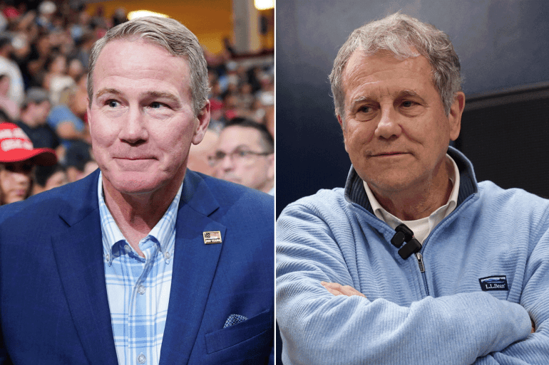 908-1792688357 كومبو من اليمين ولاية أوهايو (Ohio) شيرود براون: Sherrod Brown جون هوستد: Jon Husted Former US Senator Sherrod Brown (D-OH), Democratic US Senate candidate, looks on during a campaign rally as early voting continues in Ohio, in Cuyahoga Falls, Ohio, US, October 9, 2026. REUTERS/Shannon Stapleton ثم Sen. Jon Husted, R-Ohio, attends a rally of US President Donald Trump at Butler High School in Vandalia, Ohio, US, October 3, 2026. REUTERS/Nathan Howard