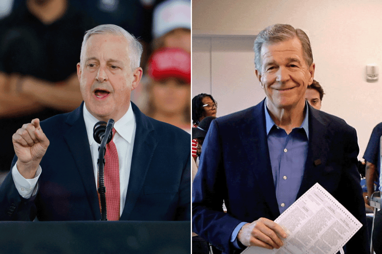 90890-1792688613 كومبو من اليمين: ولاية نورث كارولاينا (North Carolina) روي كوبر: Roy Cooper مايكل واتلي: Michael Whatley FILE PHOTO: Former North Carolina Governor Roy Cooper, the Democratic candidate for the US Senate seat, holds his ballot as he leaves the voting booth on the first day of early voting in the state, in Raleigh, North Carolina, US, October 15, 2026. REUTERS/Jonathan Drake/File Photo ثم Michael Whatley, candidate for North Carolina's US Senate seat, speaks from behind bulletproof glass at a campaign rally hosted by US President Donald Trump at Pitt-Greenville Airport in Greenville, North Carolina, US, October 20, 2026. REUTERS/Jonathan Drake