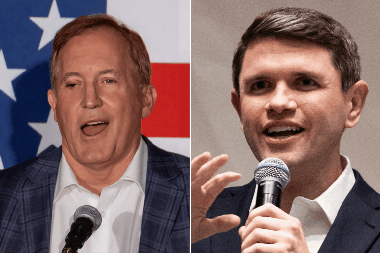 98798-1792690050 كومبو من اليمين: ولاية تكساس جيمس تالاريكو- كين باكستون Democratic US Senate candidate James Talarico speaks during a campaign rally at Safari Texas Ranch in Richmond, Texas, US, October 21, 2026. REUTERS/Antranik Tavitian ثم FILE PHOTO: Texas Attorney General and Republican US Senate candidate Ken Paxton speaks at a midterm election rally in San Antonio, Texas, US October 18, 2026. REUTERS/Joel Angel Juarez/File Photo