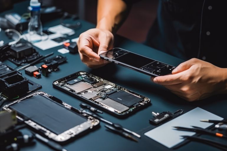 adobestock_657591708-1790590444 A technician repairing a broken smartphone. Technician disassembling smartphone with screwdriver. Smart phone repairing hands man screwdriver. المصدر AdobeStock