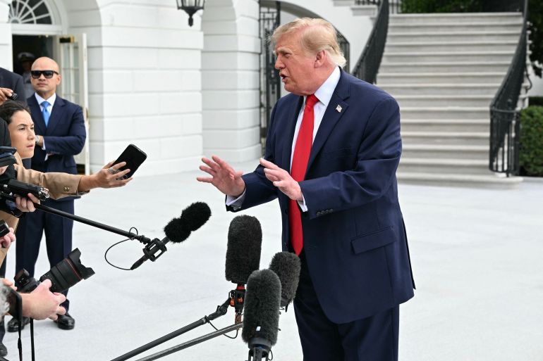 afp_6ab7fd3e9c9b-1790442814 US President Donald Trump speaks to members of the press before boarding Marine One as he departs from the South Lawn of the White House in Washington, DC, on September 26, 2026.