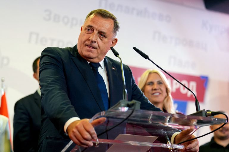 Bosnian Serb leader Milorad Dodik addresses the media after the preliminary results of Bosnia's general elections were announced in Banja Luka, in northern Bosnia, on October 4, 2026.