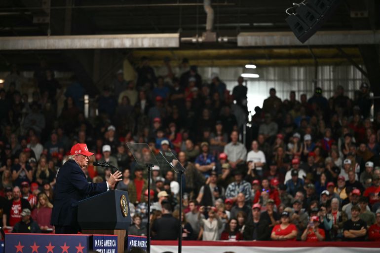 US President Donald Trump speaks during a campaign rally at the Majestic Valley Arena in Kalispell, Montana on October 14, 2026.
