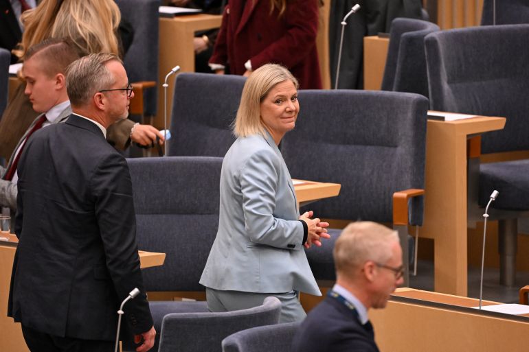 MP's, including Social Democratic party leader Magdalena Andersson (C) attend a session of the Swedish Parliament Riksdagen on Ocotber 15, 2026 in Stockholm, as they meet to vote for a prime minister after the general elections.