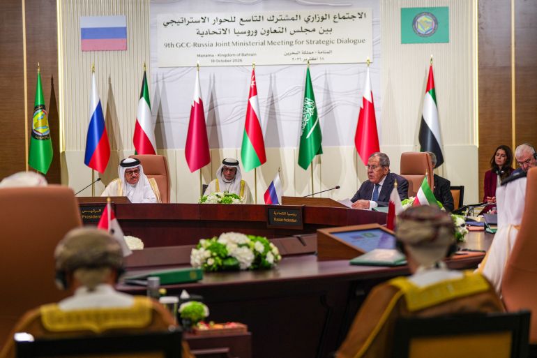 afp_6ad4dc71ea84-1792334961 Russia's Foreign Minister Sergei Lavrov (C) speaks during the 9th Joint Ministerial Meeting of the Strategic Dialogue between the Gulf Cooperation Council (GCC) and the Russian Federation in Manama on October 18, 2026. (Photo by Fadhel Madan / AFP)
