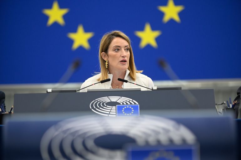 ap_6ac534172639c-1791308823 President of the European Parliament Roberta Metsola attends a joint debate ahead of the Oct. 15-16 EU summit in Strasbourg, France, Tuesday, Oct. 6, 2026. (AP Photo/Pascal Bastien)