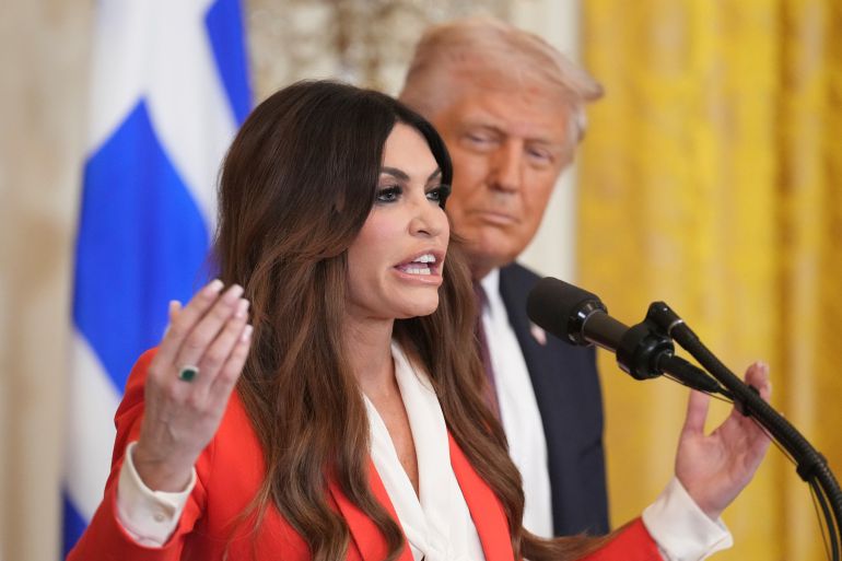 FILE - Kimberly Guilfoyle speaks as President Donald Trump listens at a reception celebrating Greek Independence Day in the East Room of the White House, March 24, 2025, in Washington. (AP Photo/Jacquelyn Martin, File)