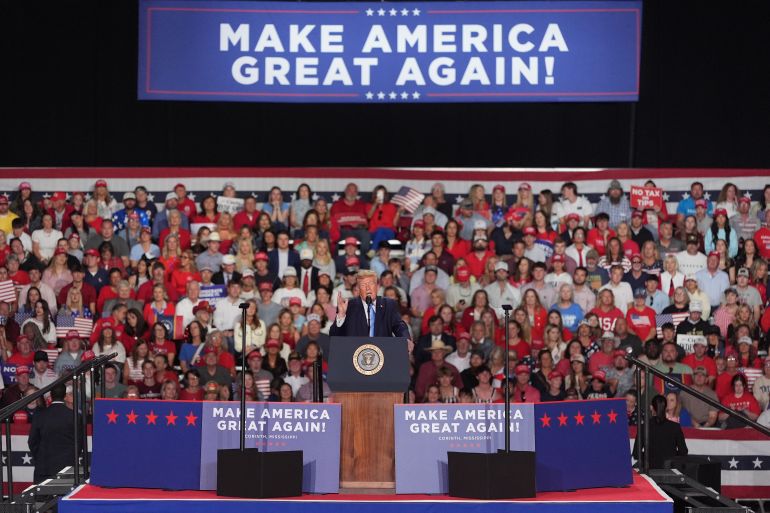 ap_6ae0320643b27-1793077766 President Donald Trump speaks during a campaign rally at Crossroads Arena Monday, Oct. 26, 2026, in Corinth, Miss. (AP Photo/Jeff Roberson)