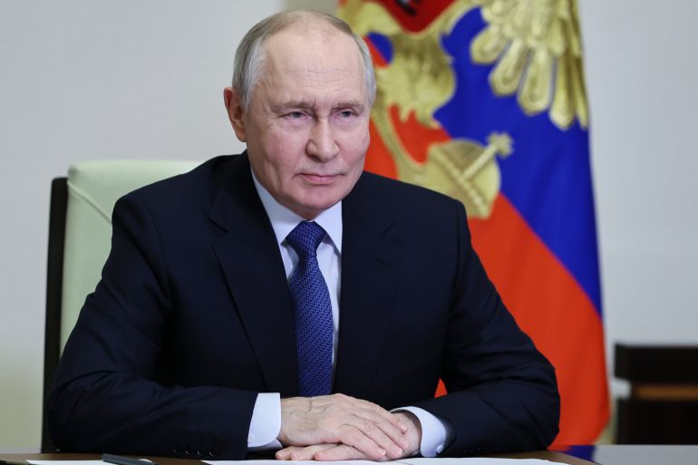 Russian President Vladimir Putin chairs a Security Council meeting via videoconference at the Novo-Ogaryovo state residence outside Moscow, Friday, Oct. 23, 2026. (Mikhail Metzel/Sputnik, Kremlin Pool Photo via AP)