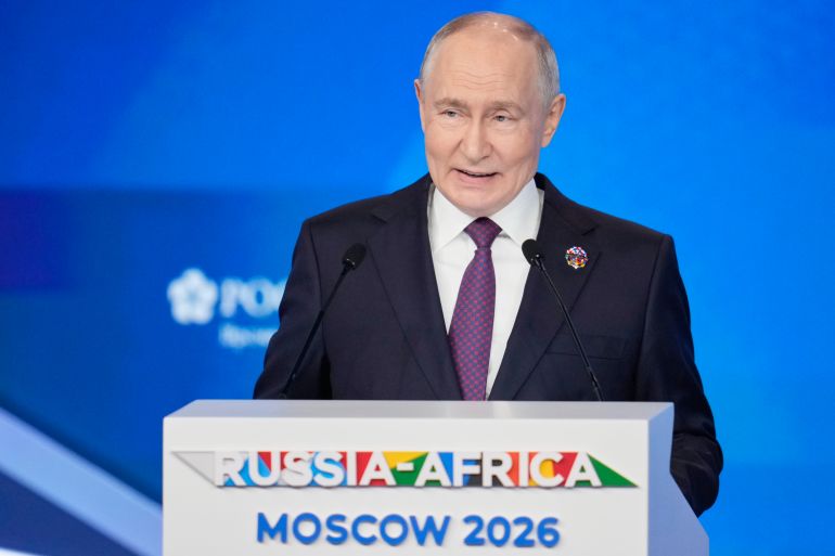 Russian President Vladimir Putin speaks during the plenary session of the Russia-Africa Summit in Moscow, Wednesday, Oct. 28, 2026. (AP Photo/Pavel Bednyakov)