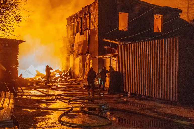 ap_6ae402fe17917-1793327870 Firefighters put out a fire in a residential neighbourhood following Russia's air attack in Kharkiv, Ukraine, Wednesday, Oct. 28, 2026. (AP Photo/Andrii Marienko)