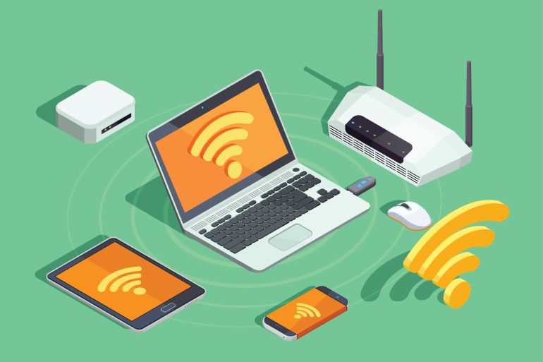 Wireless technology devices isometric poster with laptop printer smartphone router and wifi internet connection symbol vector illustration