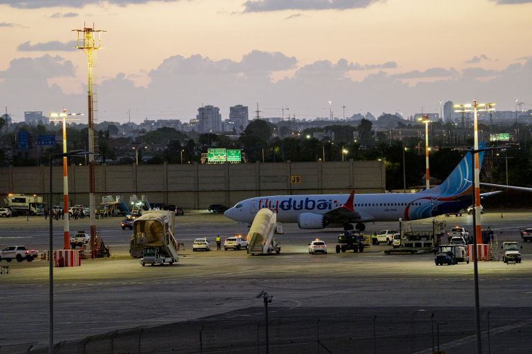 TZAFRIA, ISRAEL - SEPTEMBER 30: A plane carrying passengers from an earlier Flydubai flight that was diverted to Saudi Arabia arrives at Ben Gurion Airport on September 30, 2026 in Tzafria, Israel. This morning, a Flydubai flight from Dubai to Tel Aviv was diverted to Saudi Arabia after a violent altercation in the cockpit. Passengers told media outlets that a pilot was stabbed and temporarily lost control of the plane. A second plane was sent to Saudi Arabia to retrieve the stranded passengers and return them to Israel. (Photo by Erik Marmor/Getty Images)