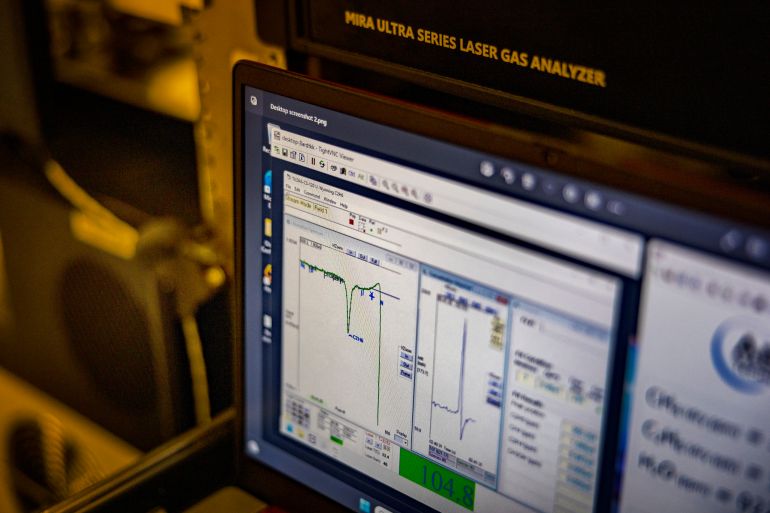 getty_6ac206a2e0-1791100578 MABALACAT, PHILIPPINES - FEBRUARY 08: A graph is seen on a screen aboard the NASA DC-8 flying laboratory, carrying instruments used to measure air quality, at Clark Air Base on February 08, 2024 in Mabalacat, Pampanga, Philippines. NASA is collaborating with international and Philippine partners on the ASIA-AQ mission to assess air quality in the Philippines and other parts of Asia. The mission will gather extensive air quality data across the region through the use of aircraft, ground stations, and satellites, with the goal of improving the understanding of regional air quality conditions. (Photo by Ezra Acayan/Getty Images)