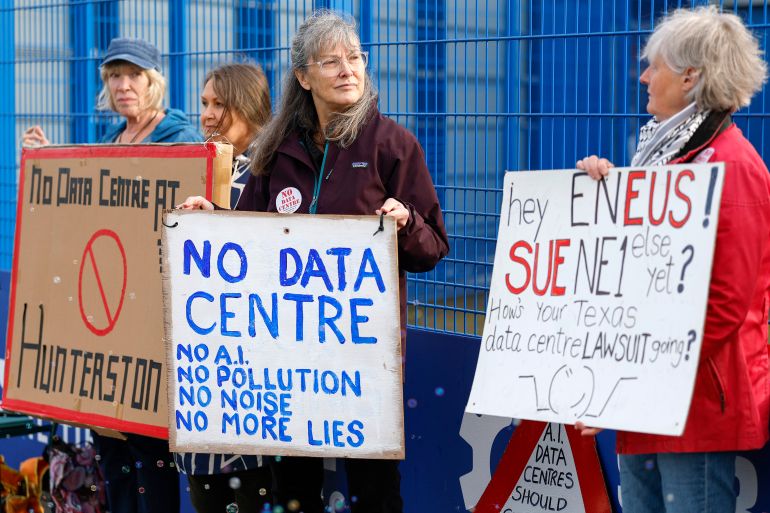 getty_6ac638158f-1791375381 KILMARNOCK, SCOTLAND - SEPTEMBER 30: Community campaigners demonstrating against a proposed large-scale data centre rally outside the Park Hotel, where a B2B event attended by representatives from Eneus Energy is taking place on September 30, 2026 in Kilmarnock, Scotland. Demonstrators from the Reject Hunterston Data Centre Campaign Group and the Hurlford Rufus Data Centre Group are protesting Eneus Energy's proposal to build a large-scale data centre campus in Hunterston, North Ayrshire, raising concerns over the development's potential impact on the local environment and resources. (Photo by Jeff J Mitchell/Getty Images)