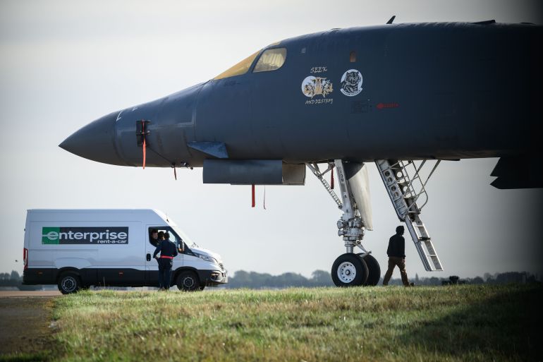 FAIRFORD, ENGLAND - SEPTEMBER 28: A B1 Lancer bomber sits on the tarmac at RAF Fairford on September 28, 2026 in Fairford, England. Police declared a major incident on Sunday following the arrest of five men on suspicion of committing offences under the Explosives Act and preparation of a terrorist act near RAF Fairford, a military base that hosts U.S. Air Force bombers involved in the Iran conflict. Eighty-five homes were evacuated from Whelford, a village about one mile from RAF Fairford, as the Army's specialist explosive ordnance disposal team investigated vehicles in the area. (Photo by Leon Neal/Getty Images)