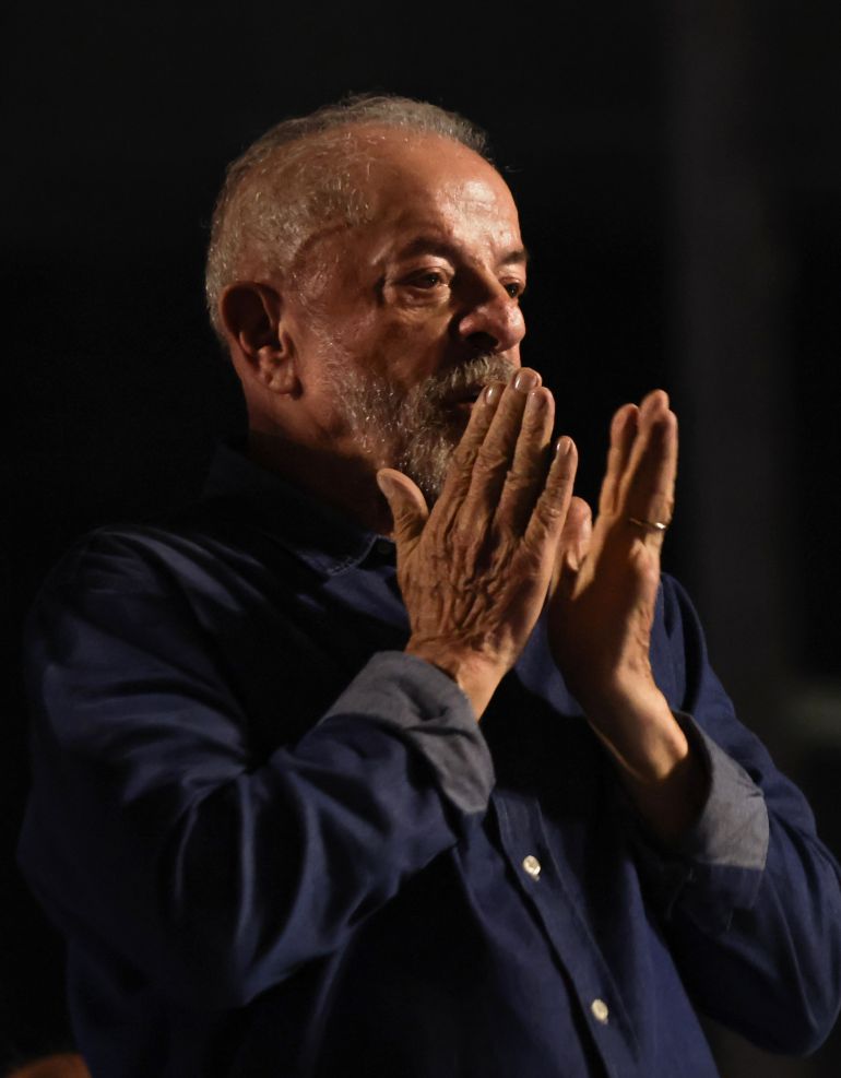 SAO PAULO, BRAZIL - OCTOBER 25: Presidential candidate and incumbent president Luiz Inacio Lula da Silva of Brazil reacts during the celebration after the results of the general election day on October 25, 2026 in Sao Paulo, Brazil. According to official results from the Tribunal Superior Eleitoral, Lula Da Silva has 51.79% of the votes, while Flavio Bolsonaro, son of former president Jair Bolsonaro, has 48.21% with 99% of the votes scrutinized. Brazilians voted for the president who will run the country for the next 4 years. (Photo by Rodrigo Paiva/Getty Images)