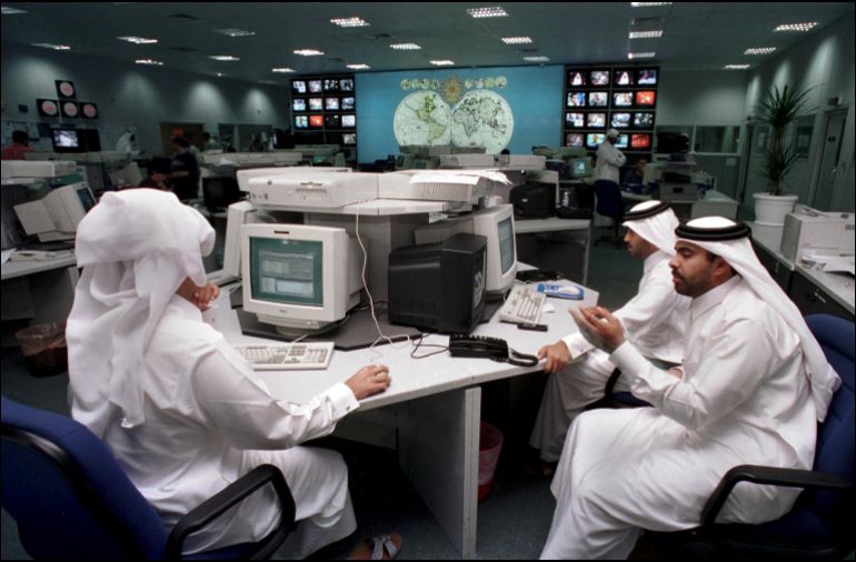 QATAR - OCTOBER 10: "Al Jazeera" The Arab World'S Counterpart To Cnn On October 10Th, 2001 In Doha, Qatar. Editorial Staff (Photo by Gilles BASSIGNAC/Gamma-Rapho via Getty Images)