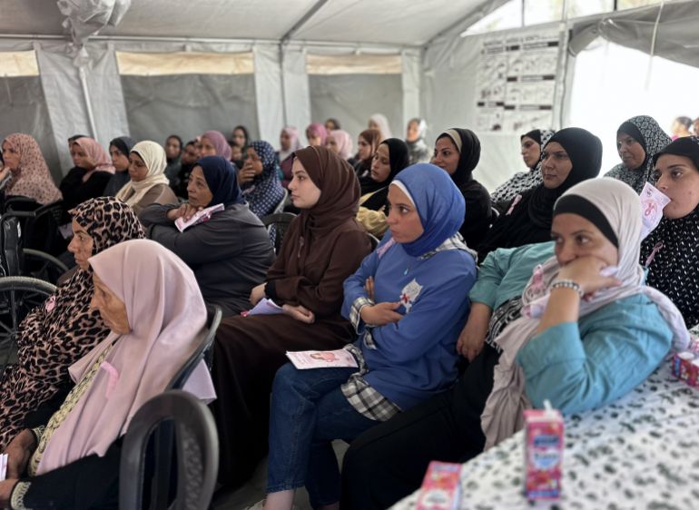 gettyimages-2298481402-1792878751 سرطان الثدي - غزة GAZA CITY, GAZA, PALESTINE - OCTOBER 7: A breast cancer awareness campaign is held in camps housing Palestinian women displaced by Israeli attacks as part of 'Pink October' in Gaza City, Gaza, Palestine, on October 7, 2026. The campaign, carried out by the 'Samir Project,' provides women with information about breast cancer symptoms, prevention methods and the importance of regular checkups for early detection. (Photo by Doaa Albaz/Anadolu via Getty Images)