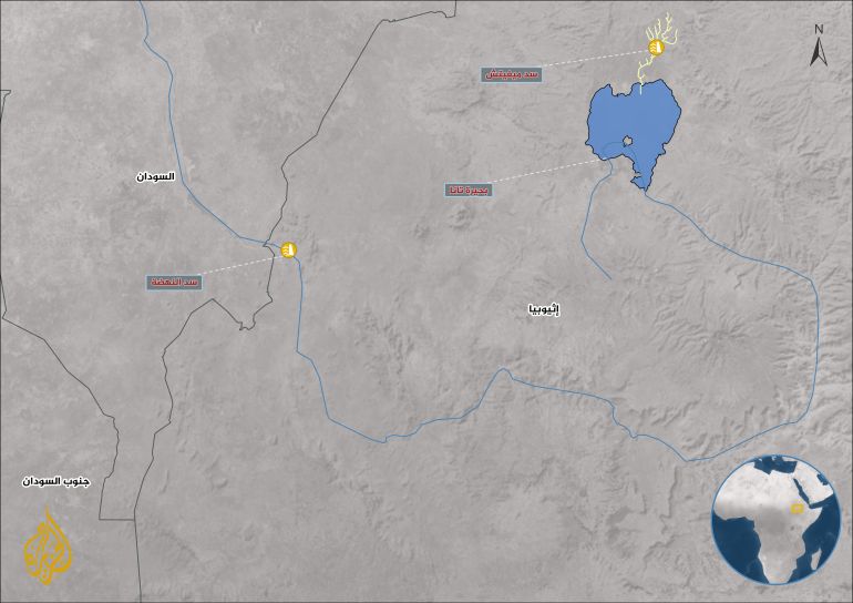 map-2-1793090080 خريطة توضح موقع سد ميغيتش على أحد روافد بحيرة تانا شمال غربي إثيوبيا، وعلاقته بالمجرى الأعلى للنيل الأزرق (الجزيرة)