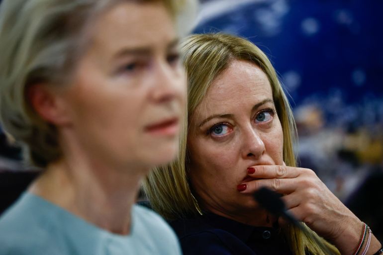 European Commission President Ursula von der Leyen and Italian Prime Minister Giorgia Meloni attend a press conference at the airport after a visit to the hotspot, a reception centre for migrants, and later the port where they arrive, in Lampedusa, Italy, September 17, 2023. REUTERS/Yara Nardi