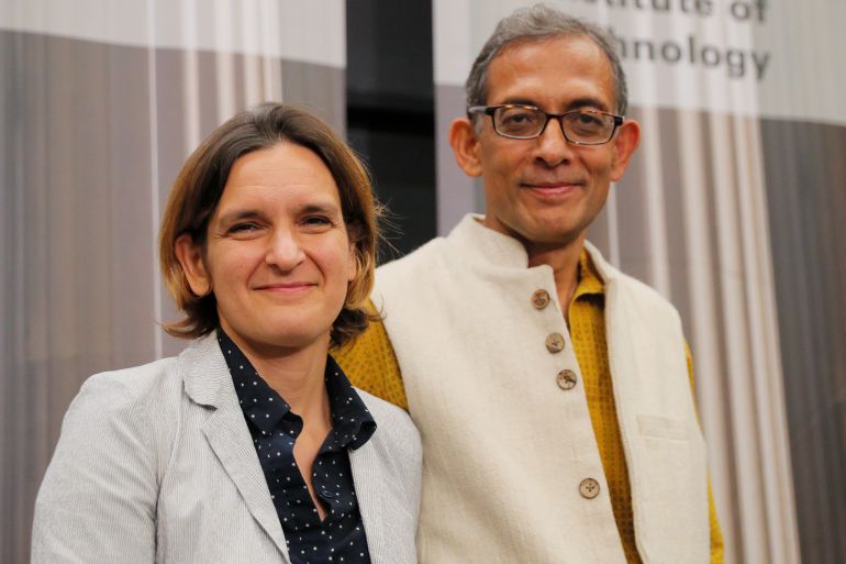 noble-2-1790962285 Abhijit Banerjee and Esther Duflo, two of the three winners of the 2019 Nobel Prize in Economics, stand together at a news conference at the Massachusetts Institute of Technology (MIT) in Cambridge, Massachusetts, U.S., October 14, 2019. REUTERS/Brian Snyder