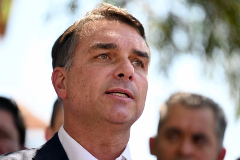 pic-366188774417-1791571342 Brazil's right-wing senator and Liberal Party (PL) presidential candidate Flavio Bolsonaro speaks during a meeting with political party representatives to seek support ahead of the presidential run-off election, in Brasilia on October 8, 2026. (Photo by Evaristo Sa / AFP)