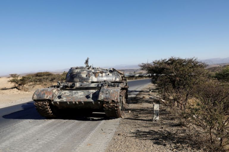 rc2wcda4b8d2-1742378794 FILE PHOTO: A damaged Eritrean military tank is seen near the town of Wikro
