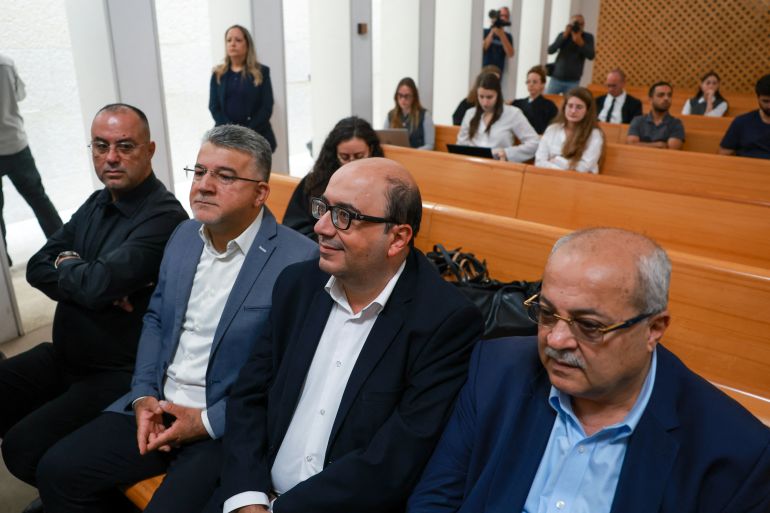 reuters_6ac22d5b-1791110491 The heads of the Joint List of Arab parties sit in the Supreme Court, where judges are hearing appeals against the Central Elections Committee's decisions to disqualify Balad chairman Sami Abu Shehadeh, Hadash-Taal MK Ofer Cassif and Arab party lists from running in Israel's upcoming national elections, in Jerusalem, October 1, 2026. REUTERS/Ronen Zvulun
