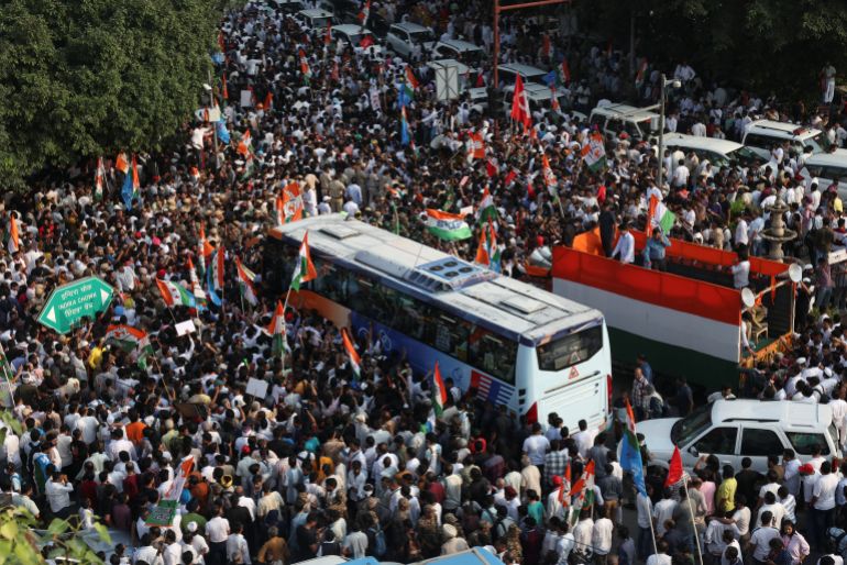 reuters_6acddb63-1791875939 Opposition parties march to the Supreme Court in protest against a controversial revision of voter lists that has sparked days of unrest, in New Delhi, India, October 12, 2026. REUTERS/Priyanshu Singh