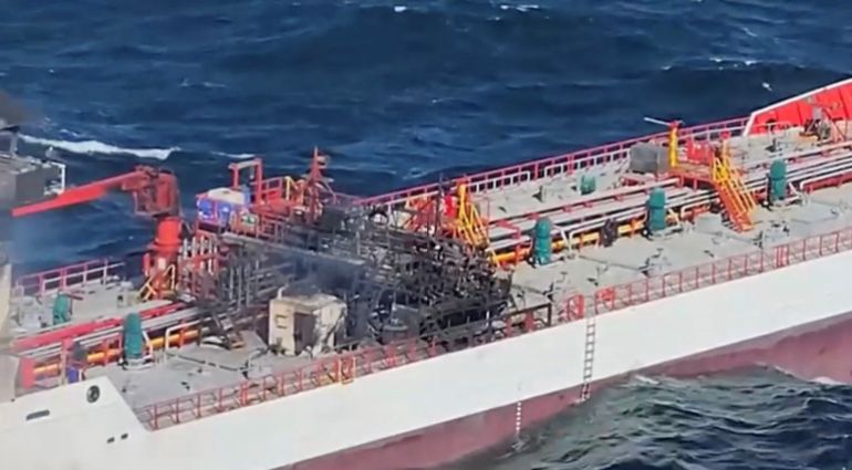 reuters_6ad0b12d-1792061741 A screengrab from an aerial footage shows San Marino-flagged tanker wine trader ship that caught fire in Romanian territorial waters, released October 15, 2026. Romanian Interior Ministry/Handout via REUTERS THIS IMAGE HAS BEEN SUPPLIED BY A THIRD PARTY. NO RESALES. NO ARCHIVES. OVERLAY FROM SOURCE.