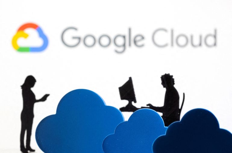 reuters_6ad7404e-1792491598-1 FILE PHOTO: 3D printed clouds and figurines are seen in front of the Google Cloud service logo in this illustration taken February 8, 2022. REUTERS/Dado Ruvic/Illustration/File Photo