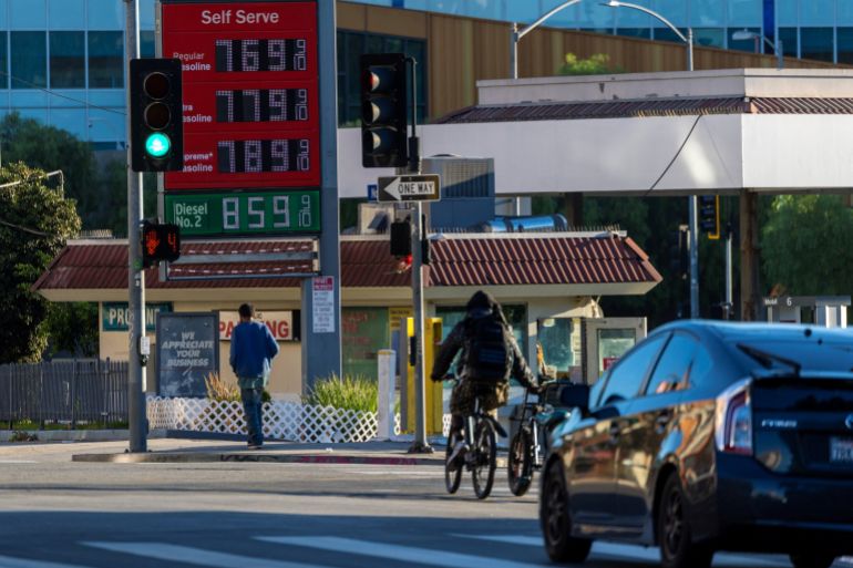 Prices of gasoline and diesel fuel are displayed in downtown Los Angeles, California, US, October 15, 2026. REUTERS/Mike Blake
