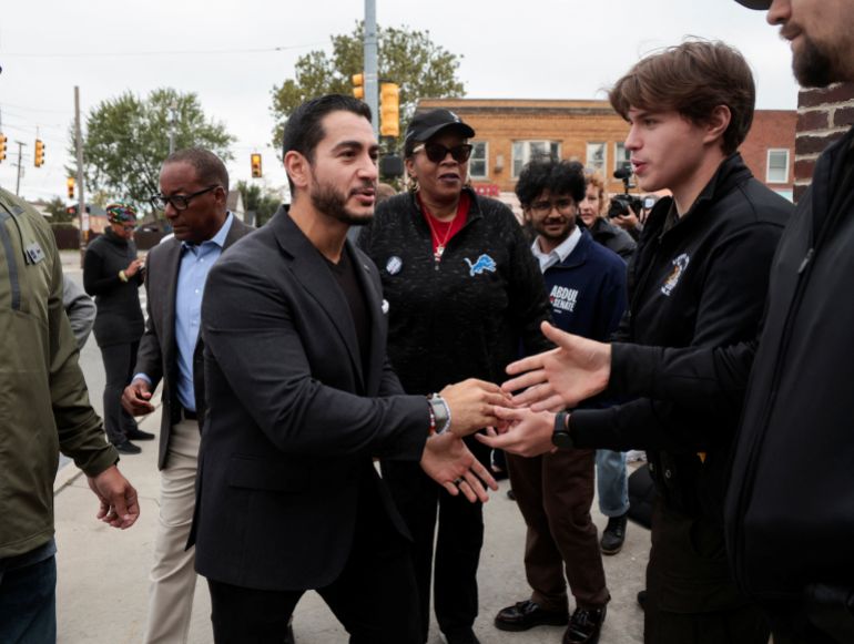reuters_6ada23a2-1792680866 Democratic candidate for US Senate Abdul El-Sayed shakes hands with attendees after speaking to the press about rising gas prices outside a gas station in Detroit, Michigan, US, September 22, 2026. REUTERS/Rebecca Cook