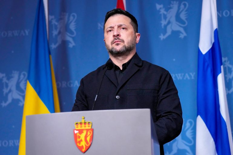 Ukrainian President Volodymyr Zelenskiy attends a press conference with Norwegian Prime Minister Jonas Gahr Store and Finnish President Alexander Stubb (not pictured) in Oslo, Norway, October 20, 2026. NTB/Cornelius Poppe/via REUTERS ATTENTION EDITORS - THIS IMAGE WAS PROVIDED BY A THIRD PARTY. NORWAY OUT. NO COMMERCIAL OR EDITORIAL SALES IN NORWAY.