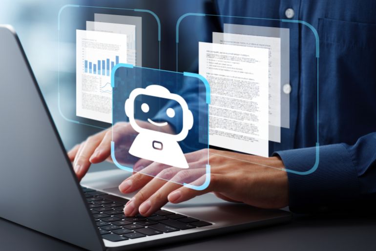 shutterstock_2603902601-1775046317 AI agent generating business reports and documents. Generative artificial intelligence analyzing text and making summary. Businessman using laptop computer to give instructions to AI.