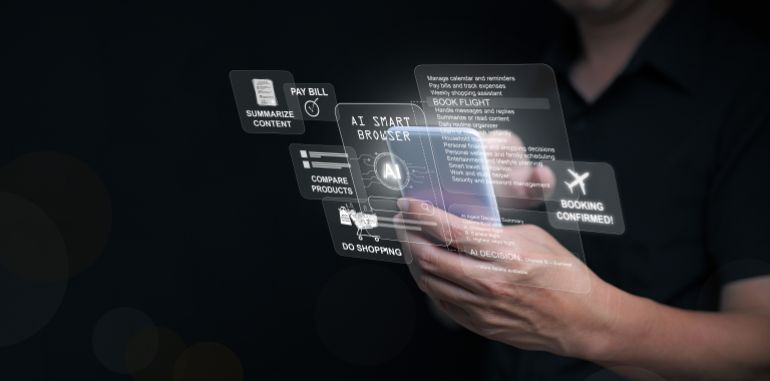 shutterstock_2694813693-1778939695 AI-driven smart browser concept where artificial intelligence analyzes, decides, and completes digital actions like booking flights and comparing products.