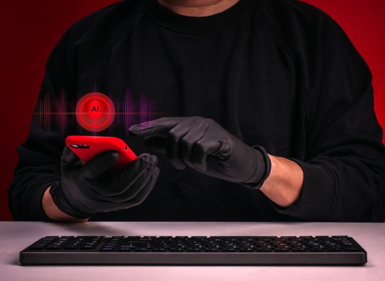 AI voice scam and deepfake fraud concept with cybercriminal using smartphone and smart technology tools. AI-generated deception, voice cloning attack, identity theft and digital financial crime.