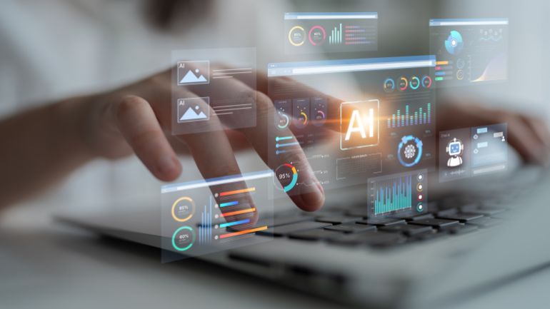 AI business intelligence interface featuring real-time AI data visualization, predictive AI model graphs, and automated report tools driven by AI artificial intelligence for business solution. Corpus